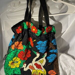 Boho Chic Colorful Beaded Storks, Flowers Hobo 1970’s Bag /Tote